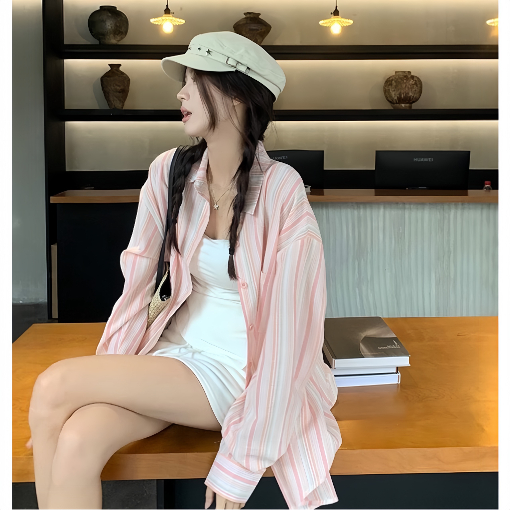 [ A01 ] Áo sơ mi kiểu nữ dài tay kẻ sọc pastel  chất đũi 2 màu xinh Qiho | BigBuy360 - bigbuy360.vn