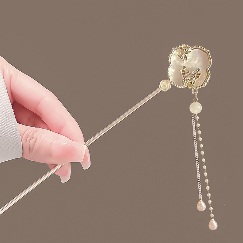 Trâm cài tóc hình cánh hồ điệp cổ trang trâm búi tóc cài đầu kim loại tua rua hình quạt 4 cánh