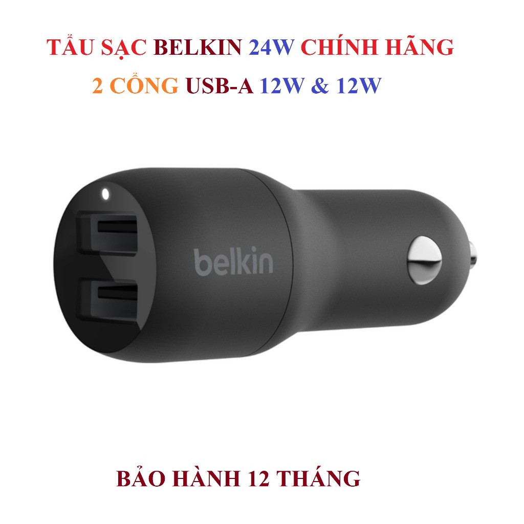 Tẩu Sạc Ô Tô Belkin 24W Chính Hãng, 2 Cổng USB-A (12W & 12W), New Nobox, BH 12 Tháng