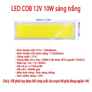 Chip LED COB siêu sáng 12V 10W sáng trắng - Linh kiện 789