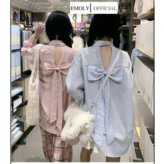 Áo sơ mi dài tay dáng rộng khoét lưng đính nơ dễ thương màu trơn Hàn Quốc