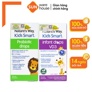 Combo Siro Uống Cho Bé Nature's Way Kids Smart Drops Probiotic Bổ Sung Men Vi Sinh 20ml, Siro Infant Drops VD3 13ml