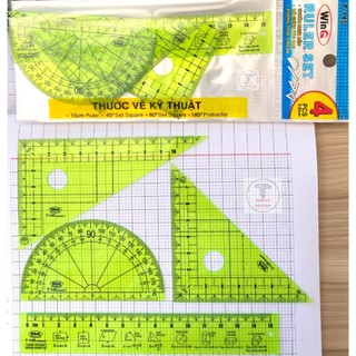Bộ thước 4 món hiệu WINQ T-140 học toán học với êke, đo độ, thước kẻ thẳng