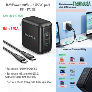 Củ sạc nhanh RAVPower 100w - 2 cổng type C (GaN II) RP - PC151