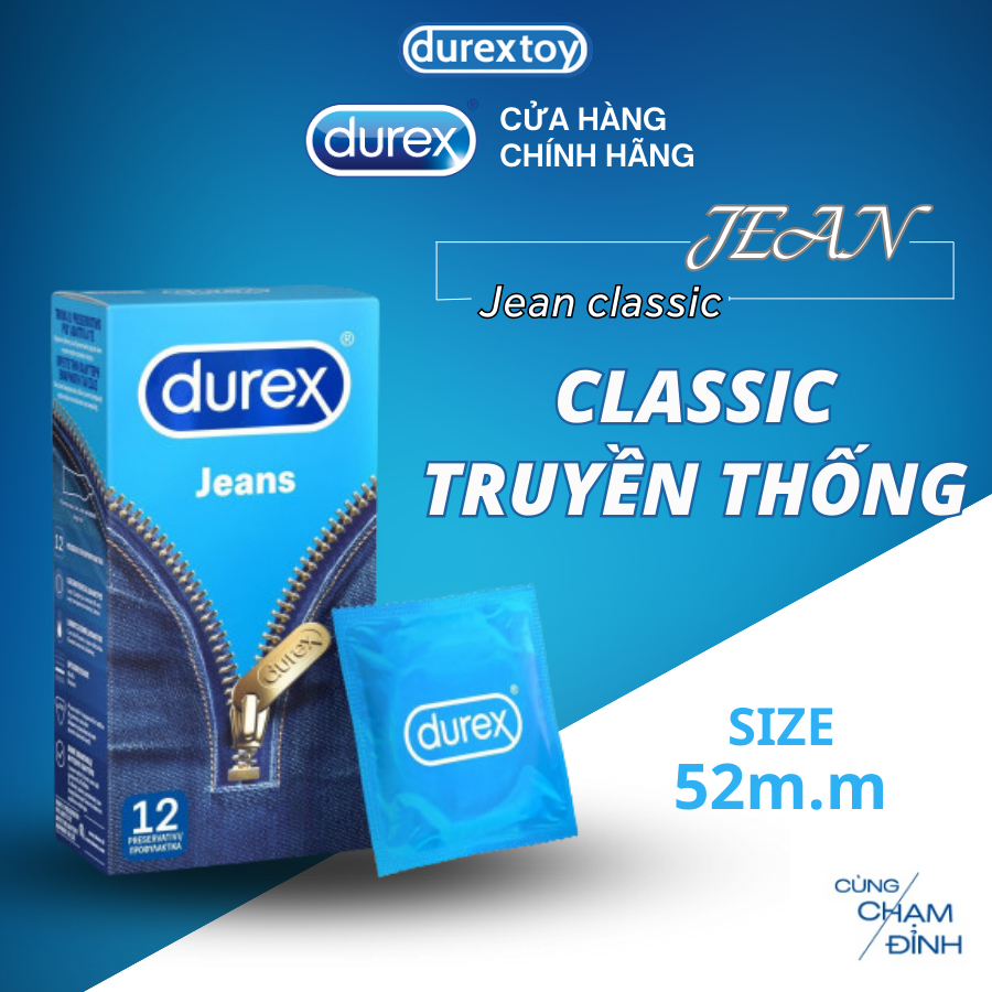 Bao cao su Durex Jeans cơ bản, bôi trơn, size 52.5mm, hộp 12 bao  - Durextoy