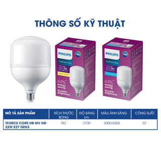 Bóng đèn Philips trụ TForce siêu sáng HB E27 (22W) (01 bóng/hộp) [HÀNG CHÍNH HÃNG]