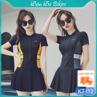 Đồ bơi nữ size lớn, áo tắm big size dáng váy liền thân dấu bụng cho người béo mập, mẫu khoá kéo cộc tay trẻ trung| KT112