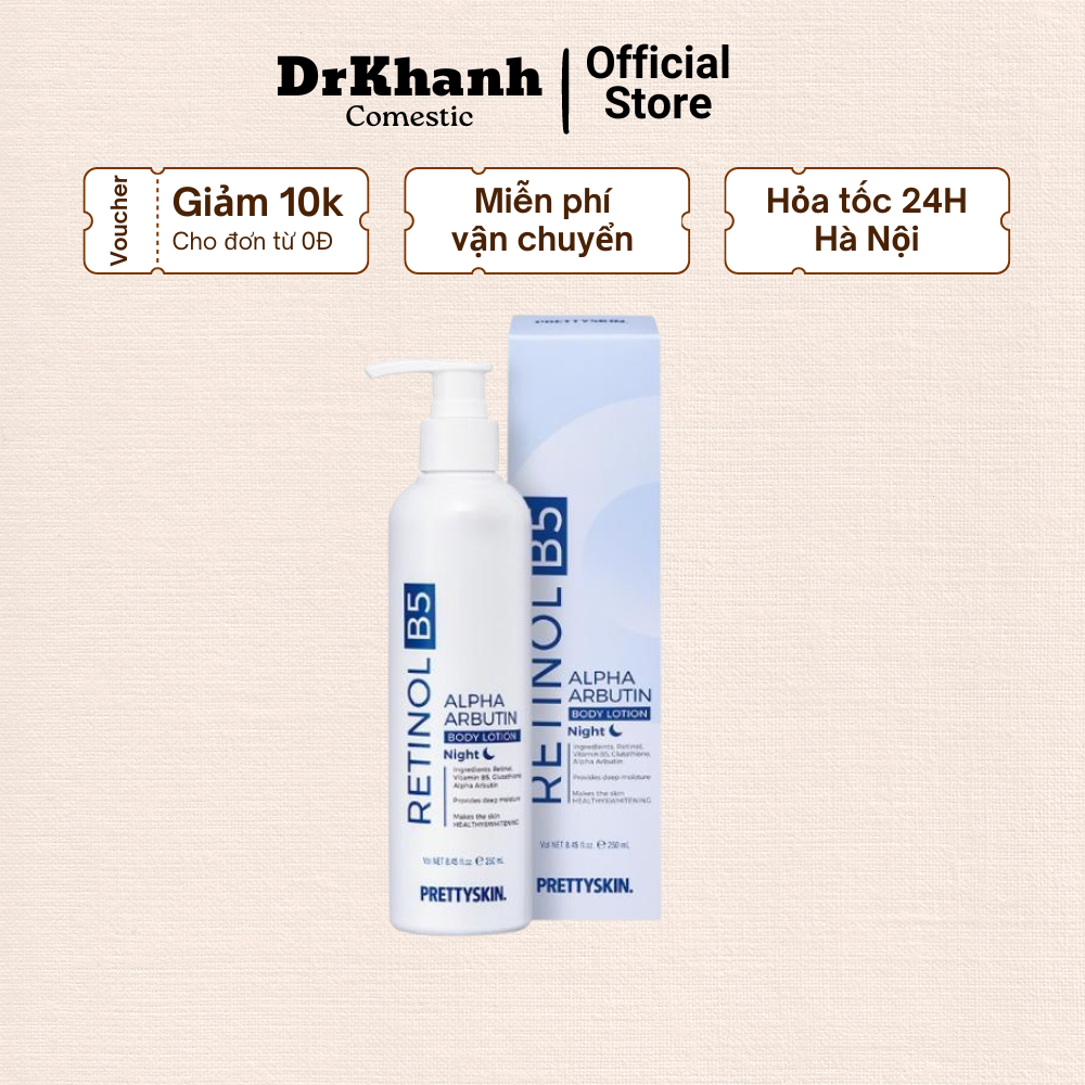 Kem Dưỡng Thể Trắng Da PrettySkin Retinol B5 Alpha Arbutin Body Lotion 250ml Dùng Ban Đêm