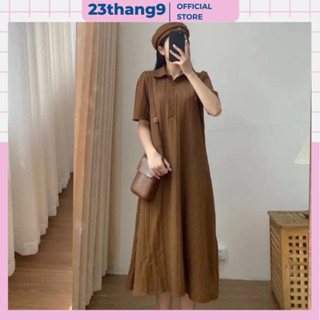 Váy suông dài , đầm xuông polo cổ sơ mi dáng dài tay cộc form rộng màu nâu màu kem chất đũi gân phong cách hàn quốc
