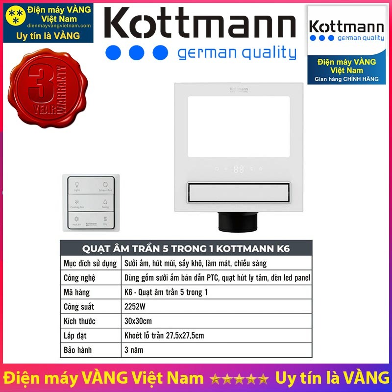 Quạt âm trần đa năng Kottmann K6 (5 trong 1 sưởi ấm, sấy khô, thổi gió mát, thông gió hút mùi, chiếu