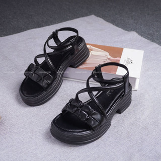 Sandal SD06 quai nhún 2 dây chéo gót cao 5 cm đế PU