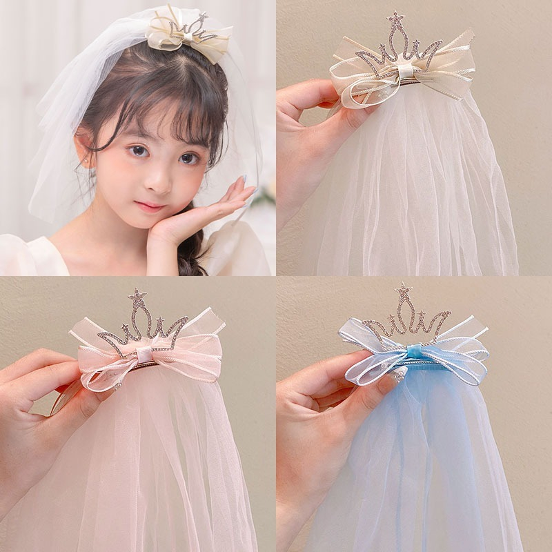 Voan tóc cho bé phối vương miện chiều dài 35cm lúp cô dâu cho bé gái phụ kiện tóc cho bé