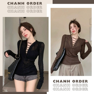 Áo len dệt kim mỏng đan dây tay dài phong cách hàn quốc