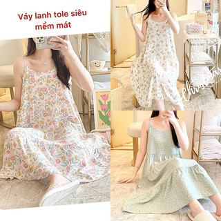 Váy mặc nhà, váy bầu hai dây lanh lụa mềm mịn, nhẹ mát, freesize rộng rãi 2D0