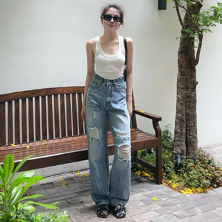 [Q04] Quần jean nữ dáng suông phối rách ống