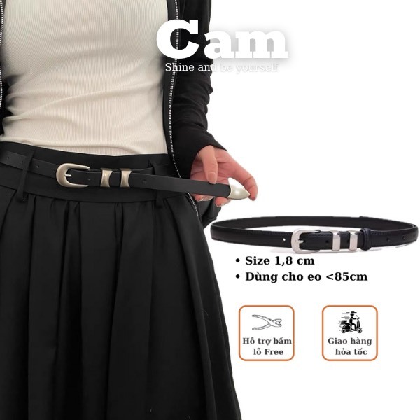 Thắt lưng nam nữ da BASIC Y2K khóa bạc Dây nịt nữ, đai váy mặt bạc nữ cá tính bản nhỏ 1.8cm mix 2 sọc kim loại unisex C