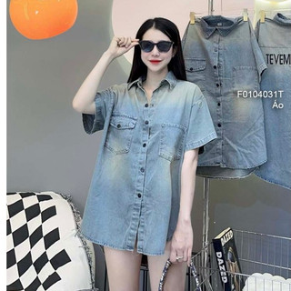 Áo sơ mi jean một túi in hình mickey form rộng tay ngắn!(Ảnh thật treo)