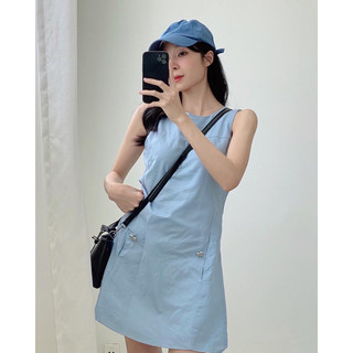Váy liền basic dáng ngắn màu xanh có túi phong cách Hàn Quốc - immin.h