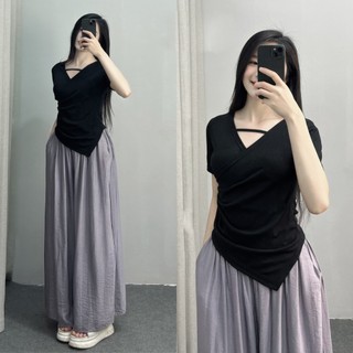 Áo thun nữ cộc tay nhún eo phối dây ngang trước ngực BigSize, Áo phông nữ ngắn tay nhún eo vạt chéo 272T