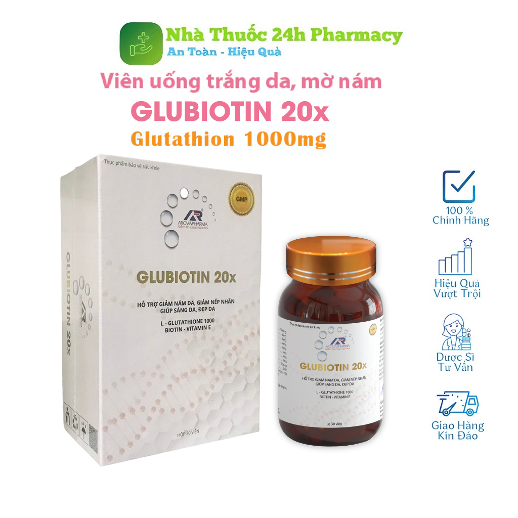 Viên uống trắng da, mờ nám Glubiotin 20x (Glutathione), giảm nhăn, trẻ hoá da, trắng da mặt, sản phẩm chính hãng