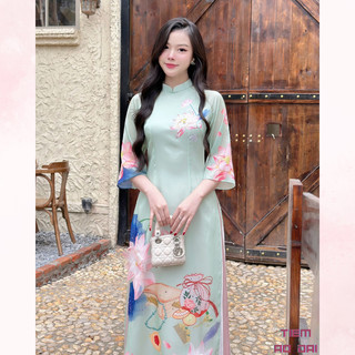 Áo dài cách tân nữ 4 tà màu xanh cổ tàu tay lỡ chất liệu tơ ánh lót lụa mềm mại cao cấp - TIỆM ÁO DÀI