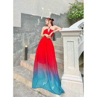 gv068.2930-Đầm maxi loang màu bèo ngực khoét eo