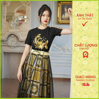 Aó phông T-shirt đen họa tiết chim khổng tước logo cách điệu phối viền vai