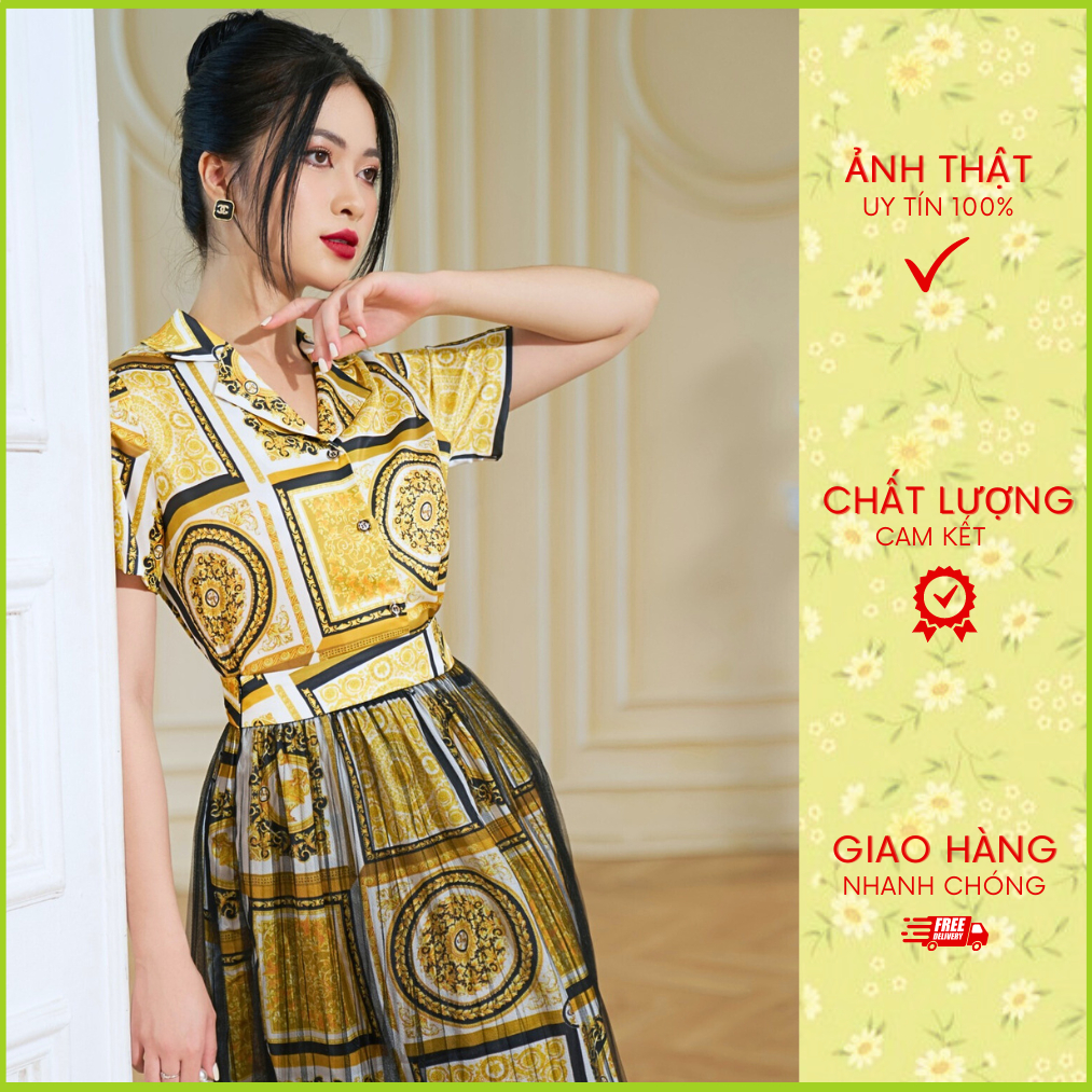 Áo somi lụa họa tiết baroque vàng đen