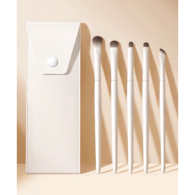 Bộ cọ trang điểm mắt GUVIET màu trắng gồm 5 cọ đi kèm túi da đựng cọ