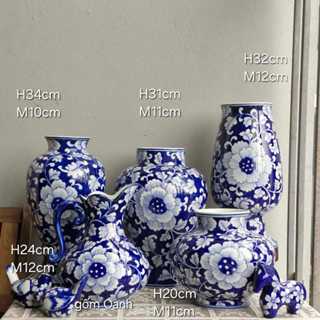 bình hoa men lam decor, trang trí phòng khách, bàn làm việc, cắm hoa vẽ tay thủ công kỹ gốm Bát Tràng cao cấp