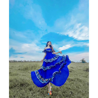 gv074.2121- Đầm maxi thổ cẩm tầng bẹt vai