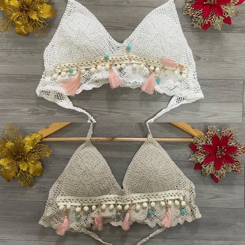 Áo bra len móc bikini đi biển hoạ tiết vintage, kèm mút lót