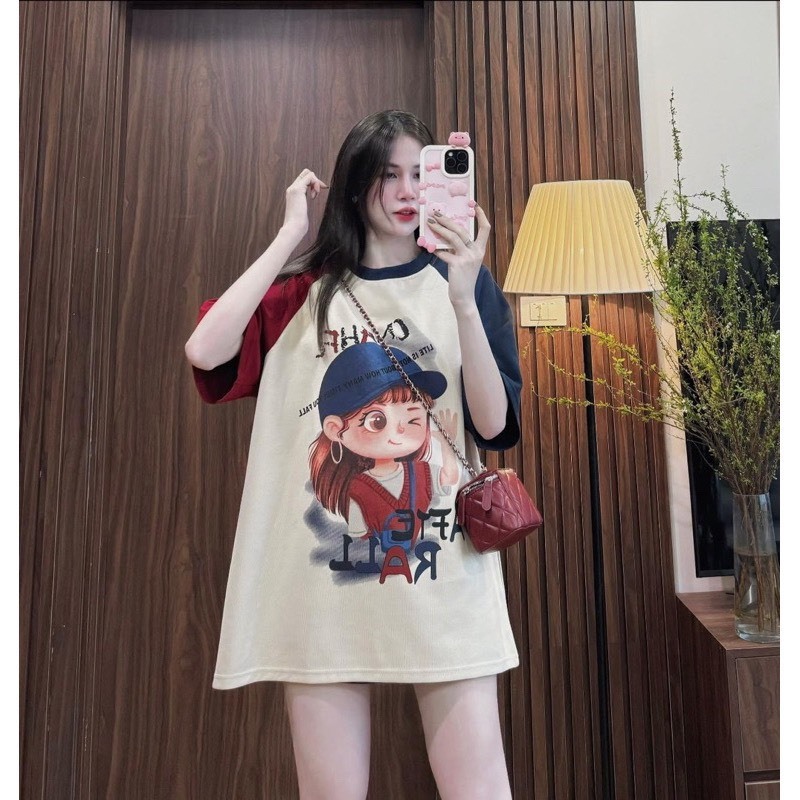 Áo Phông Nữ Cô Gái Đội Mũ Phối Màu Tay Dáng Thụng Áo Thun In Pet 6D Freesize Form Rộng S386