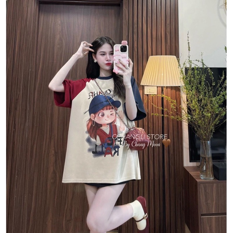 Áo Phông Nữ Cô Gái Đội Mũ Phối Màu Tay Dáng Thụng Áo Thun In Pet 6D Freesize Form Rộng S386