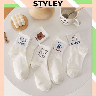 Tất nam nữ cổ cao họa tiết cute dễ thương phong cách hàn quốc, Vớ nam nữ chất cotton kẻ sọc chống hôi chân Styley P024