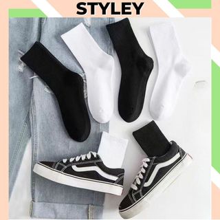 Tất nam nữ cổ cao chất cotton kẻ sọc cao cấp chống hôi chân, Vớ nam nữ trơn phong cách hàn quốc Styley P027