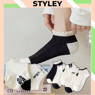 Tất nữ cổ thấp viền bèo phong cách hàn quốc, Vớ nữ cổ ngắn chất cotton thoáng mát chống hôi chân Styley P026