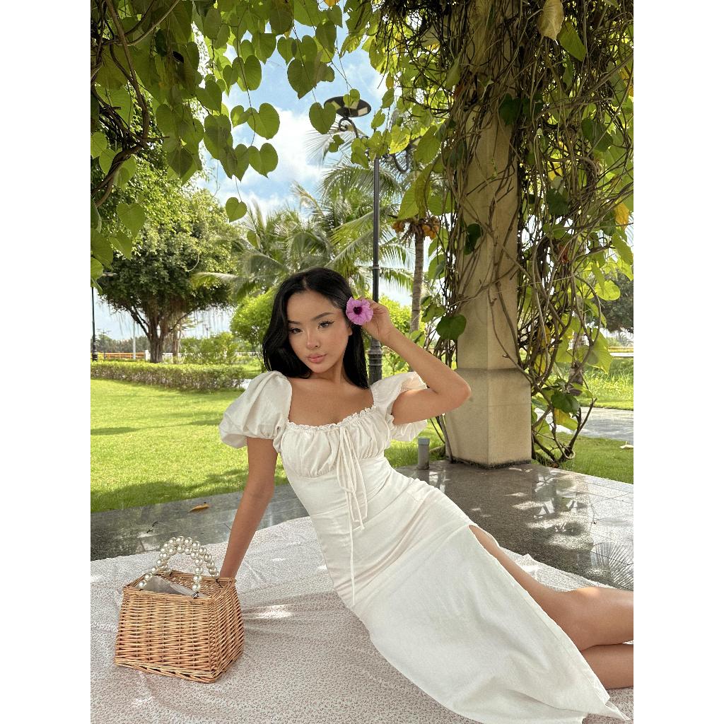 Váy midi dài tay phồng xẻ tà màu trắng - Aurora Dress - APRILLE