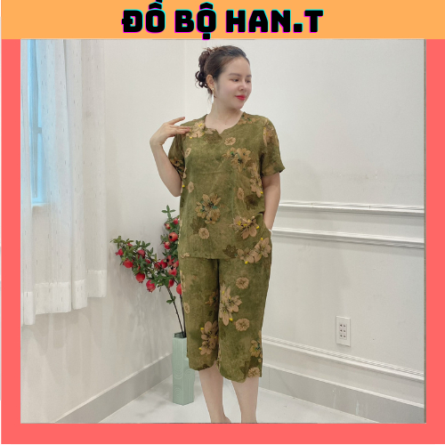 Đồ bộ trung niên áo tay ngắn cổ V,phối quần lửng, lụa mango cao cấp Women ( Cổ V   ) HAN.T SHOP