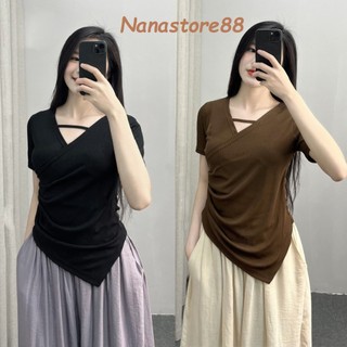 Áo phông nữ cộc tay nhún eo mix dây ngang trước ngực BigSize, Áo thun nữ nhún eo vạt chéo 272T