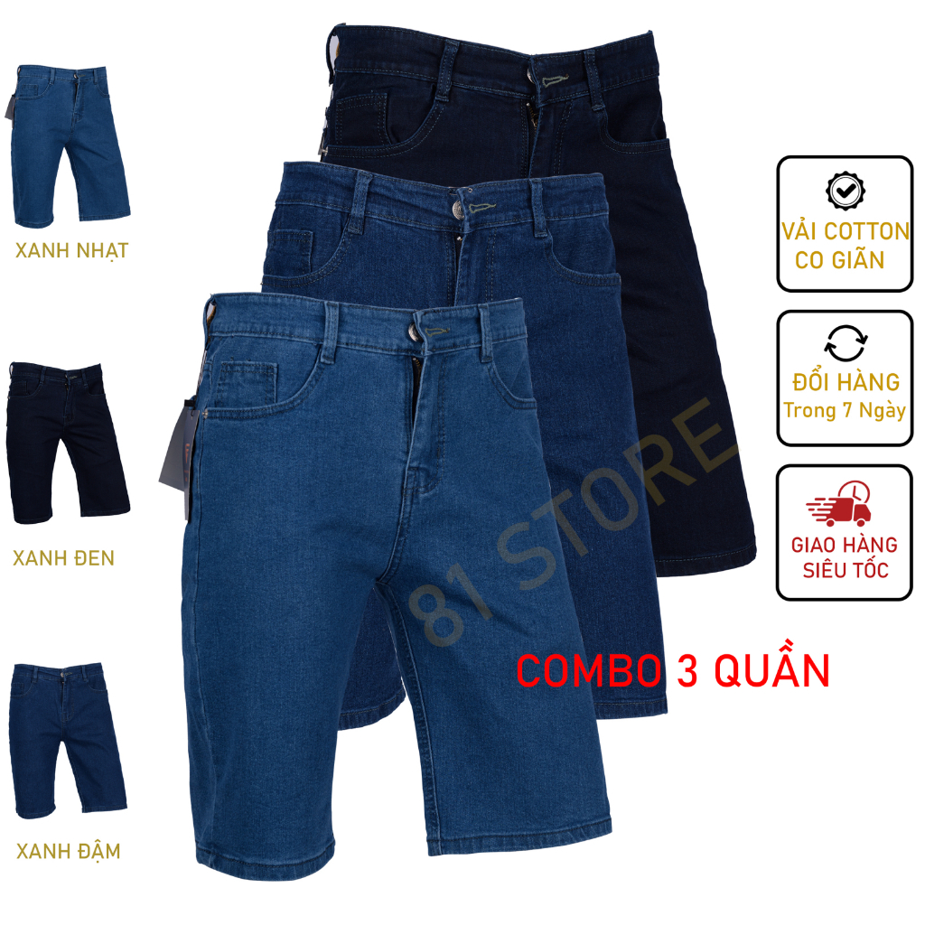 COMBO 3 Quần Short Nam Trung Niên, Quần Short Jean Nam, Quần Đùi Nam, Quần Short Cho Bố Co Giãn NGANG