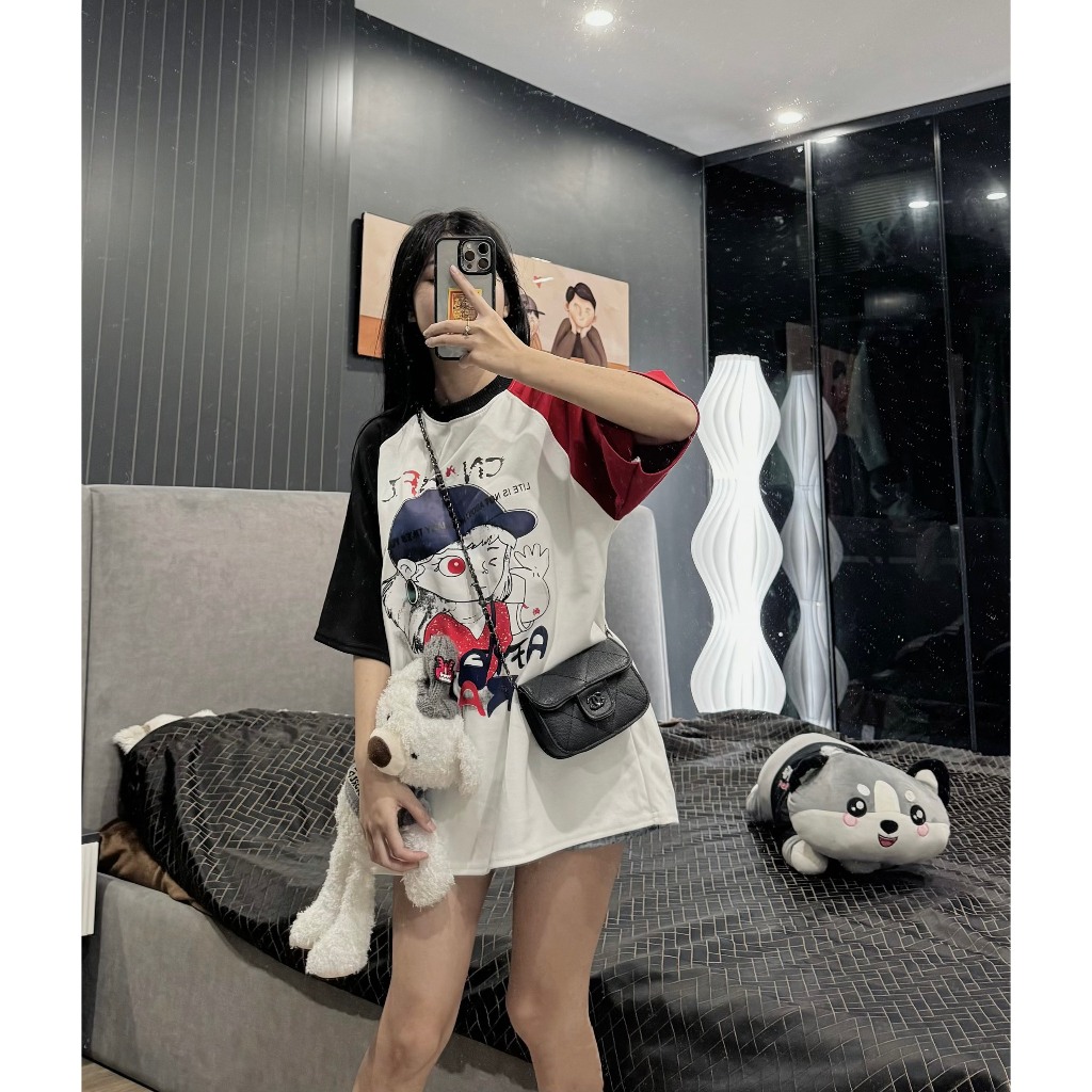 Áo Phông Nữ Cô Gái Đội Mũ Phối Màu Tay Dáng Thụng Áo Thun In Pet 6D Freesize Form Rộng S386