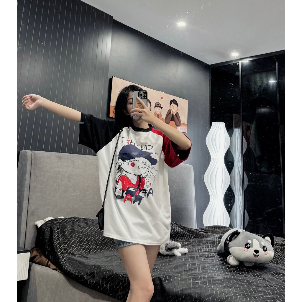 Áo Phông Nữ Cô Gái Đội Mũ Phối Màu Tay Dáng Thụng Áo Thun In Pet 6D Freesize Form Rộng S386