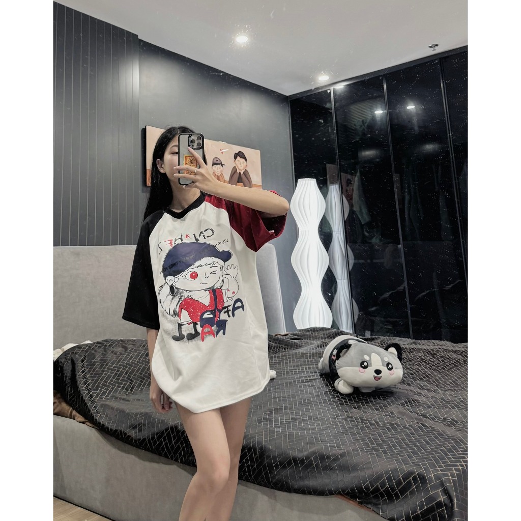 Áo Phông Nữ Cô Gái Đội Mũ Phối Màu Tay Dáng Thụng Áo Thun In Pet 6D Freesize Form Rộng S386