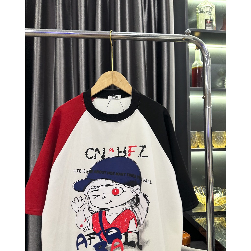 Áo Phông Nữ Cô Gái Đội Mũ Phối Màu Tay Dáng Thụng Áo Thun In Pet 6D Freesize Form Rộng S386