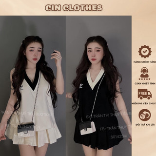 Set đồ nữ áo tanktop viền cổ V mix chân váy xếp ly cạp cao pha màu - có sẵn