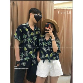 Áo sơ mi hoa quả, áo đồng phục đi biển chất tơ đũi mẫu dứa đen