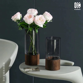 Bình/ Lọ Hoa Thủy Tinh Đế Gỗ Sang Trọng, Kính Trong Suốt Decor Trang Trí Nhà Cửa
