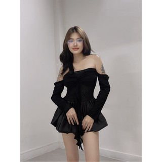Jumpsuit ren nơ tay lở trễ vai tùng bí siêu dễ thương