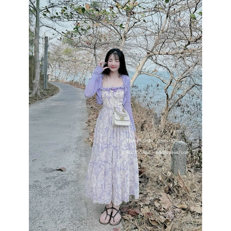 Đầm thời trang nữ mặc đi chơi biển chất lụa in hoa 2 dây bèo nơ mix áo khoác tay dài thun gân 2 màu